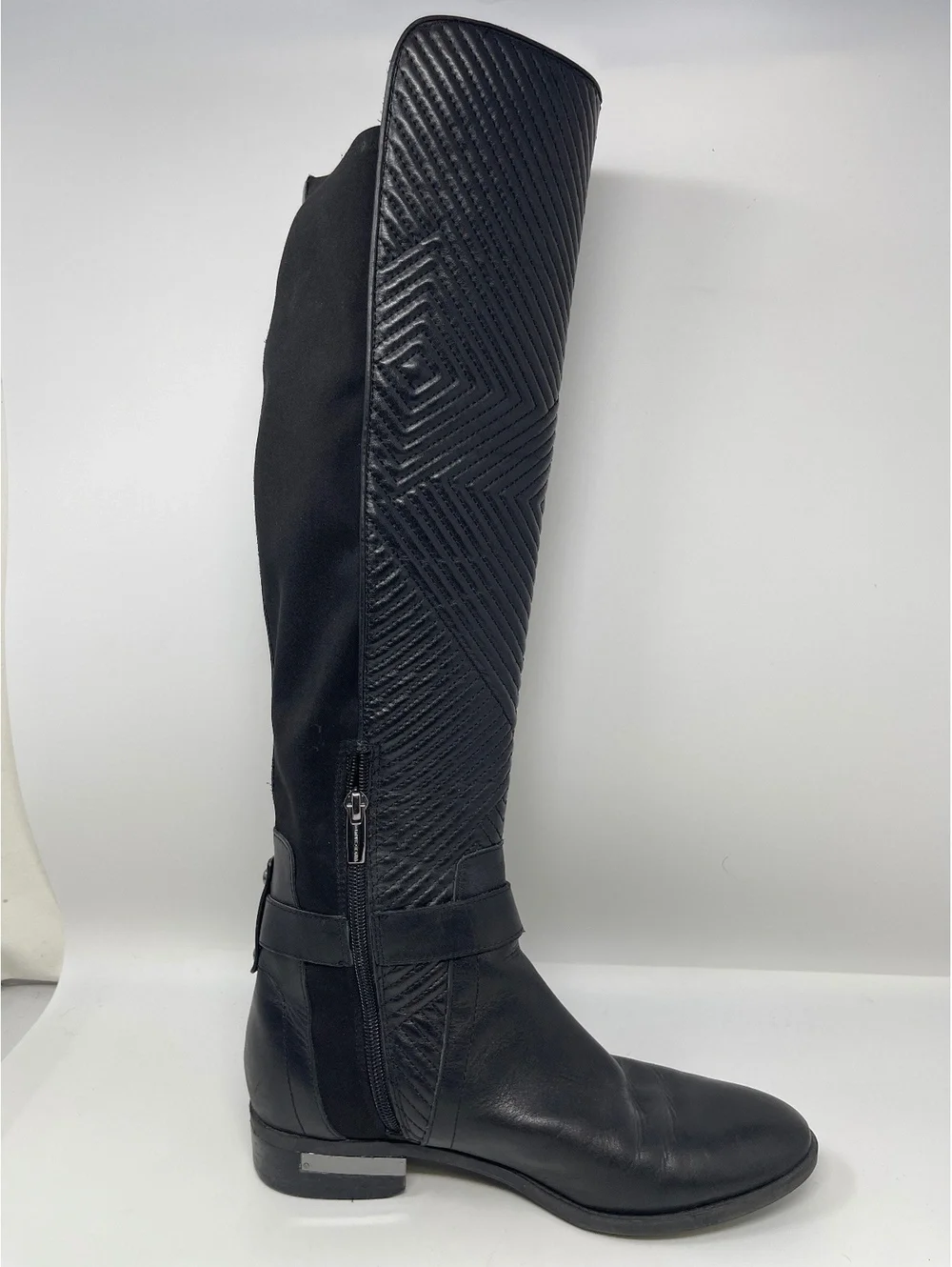 Black Leather Over The Knee Boots 9 Quilted Front Buckle Stretch Back Low Heel